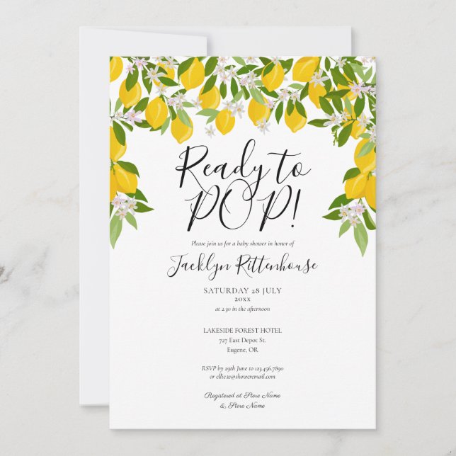 Ready to POP Lemons Blossom Greenery Baby Shower Invitation (Front)