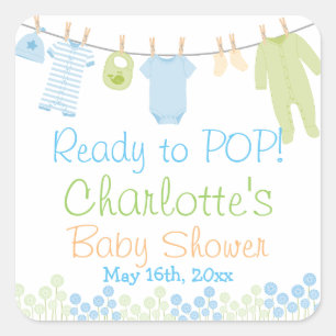 Ready To POP! Lil Clothes Blue & Green Baby Shower Square Sticker