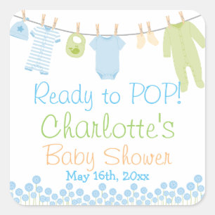 Ready To POP! Lil Clothes Blue & Green Baby Shower Square Sticker