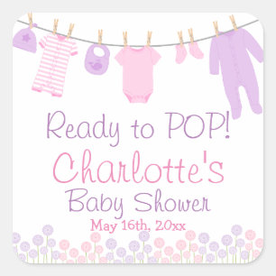 Ready To POP Lil Clothes Pink & Purple Baby Shower Square Sticker