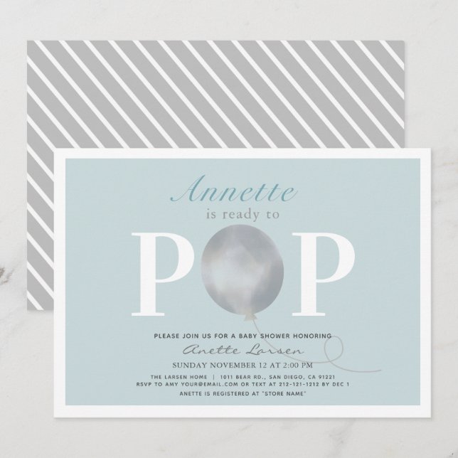 Ready to Pop Modern Blue Balloon Baby Shower Invitation (Front/Back)