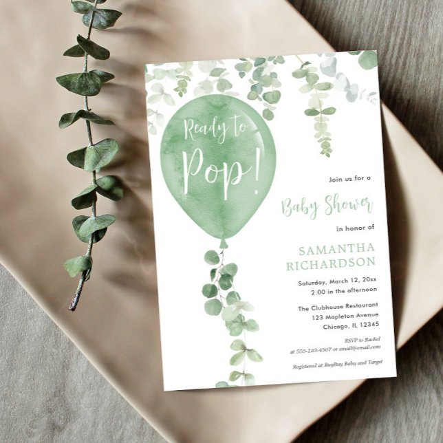 Ready to pop modern green balloon baby shower invitation (Creator Uploaded)