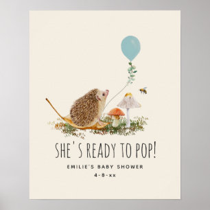 Ready to Pop Mushrooms Hedgehog Baby Shower Blue Poster