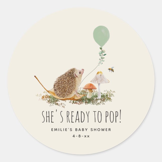 Ready to Pop Mushrooms Hedgehog Baby Shower Classic Round Sticker (Front)