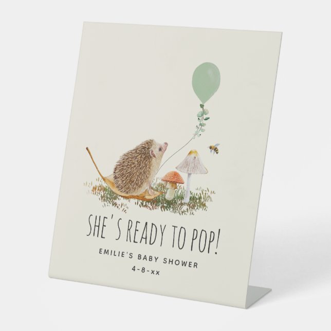 Ready to Pop Mushrooms Hedgehog Baby Shower Green Pedestal Sign (Front)