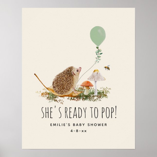 Ready to Pop Mushrooms Hedgehog Baby Shower Green Poster (Front)
