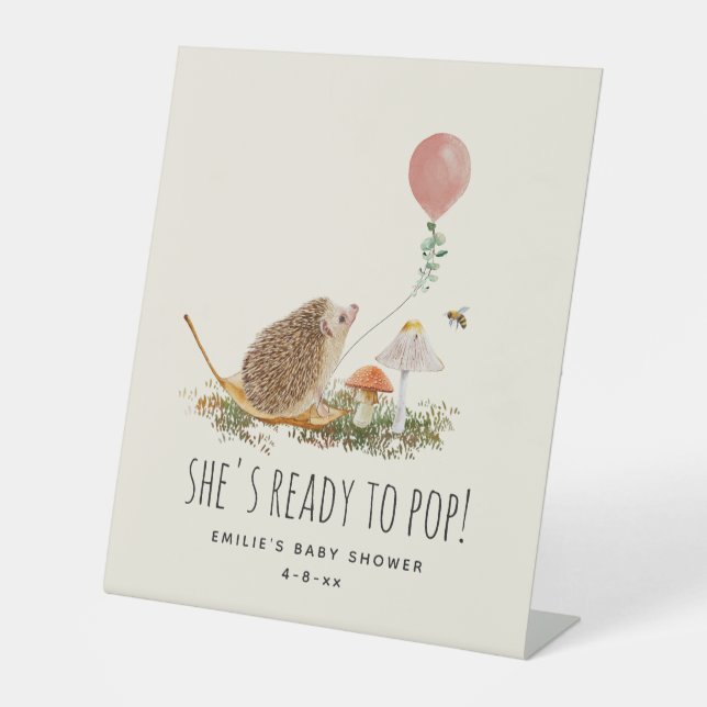Ready to Pop Mushrooms Hedgehog Baby Shower Pink Pedestal Sign (Front)