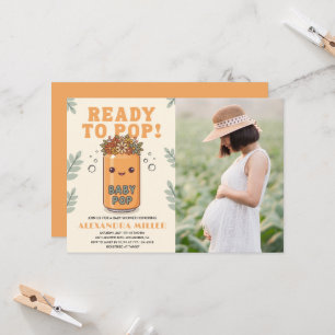 Ready to Pop Photo Apricot Sage Green Kawaii Invitation