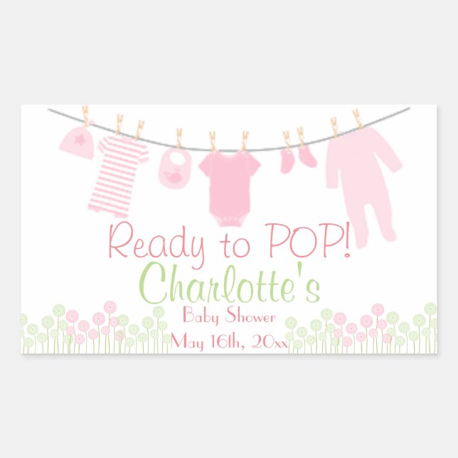 Ready to POP! Pink Baby Clothesline Baby Shower Rectangular Sticker (Front)