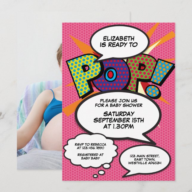 Ready to Pop Pink Baby Shower Comic Book Photo Invitation (Front/Back)
