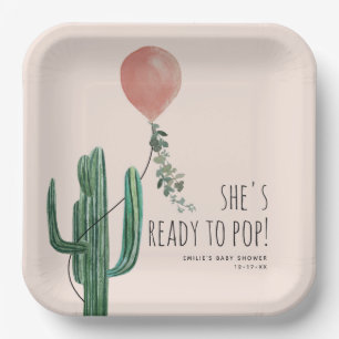 Ready to Pop Pink Balloon Cactus Girl Baby Shower Paper Plate