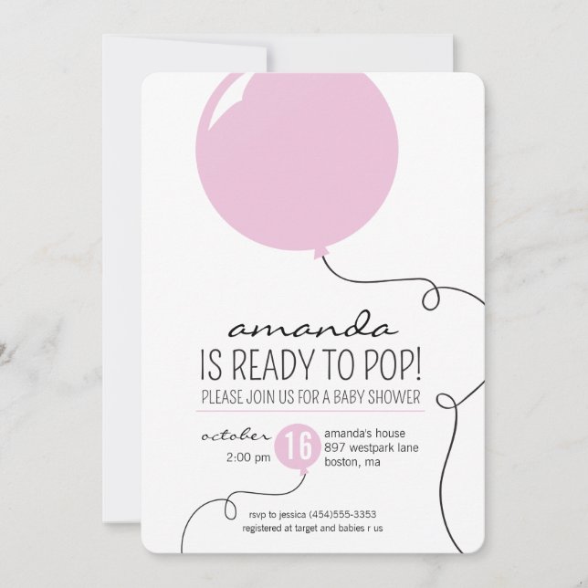 Ready to Pop Pink Balloon Girl Baby Shower Invite (Front)
