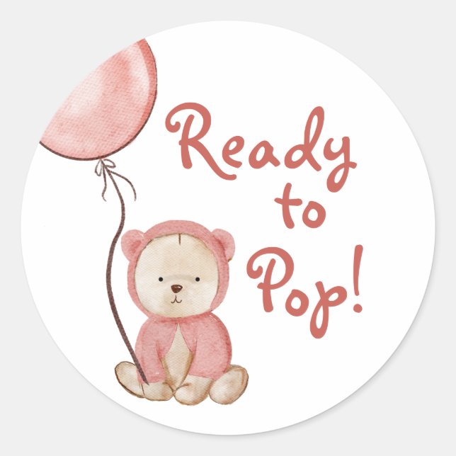 Ready to Pop Pink Bear Boho Baby Shower Classic Round Sticker (Front)