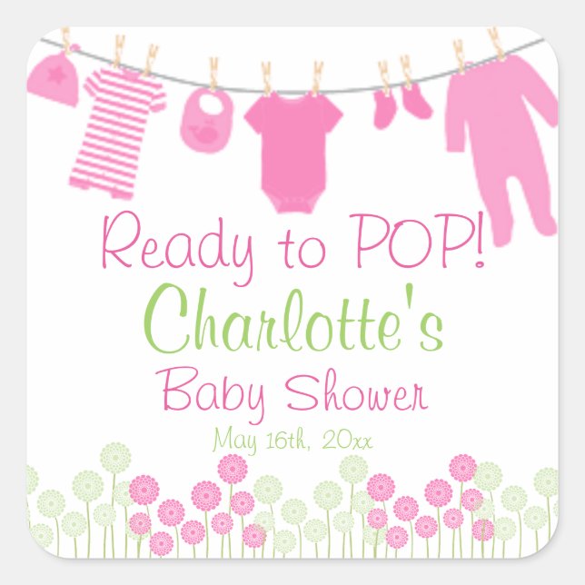 Ready to POP! Pink Clothesline Baby Shower Square Sticker (Front)