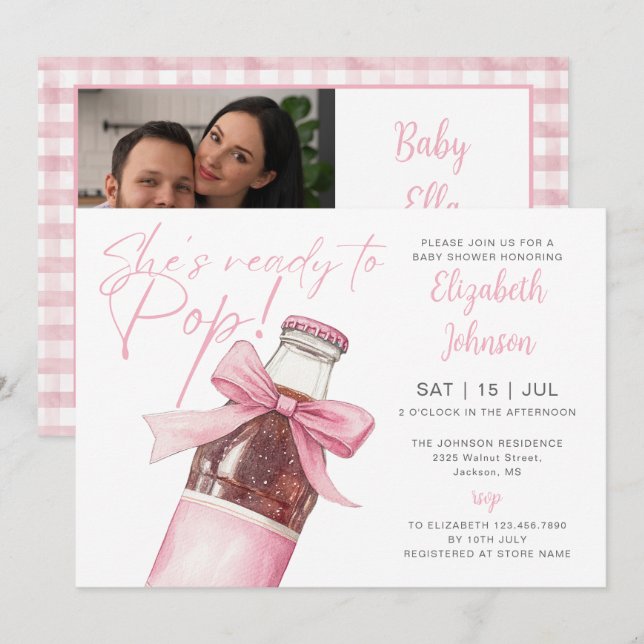 Ready To Pop Pink Soda Bottle Baby Shower Photo Invitation (Front/Back)