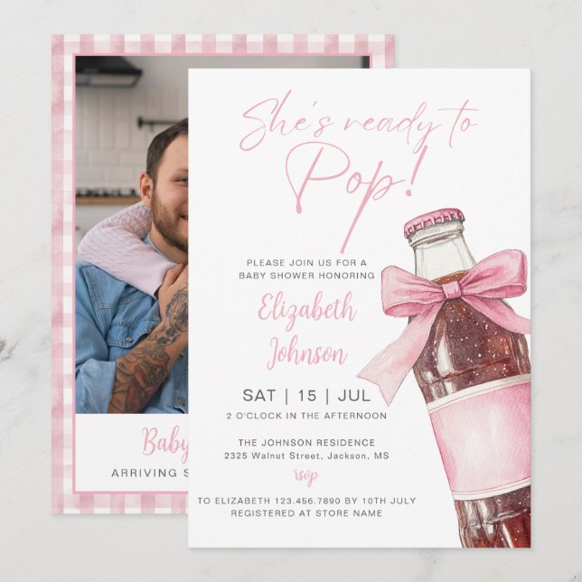 Ready To Pop Pink Soda Bottle Baby Shower Photo Invitation (Front/Back)