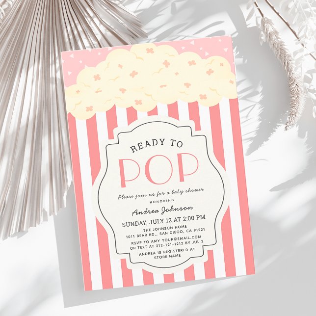 Ready to Pop Popcorn Pink Stripe Girl Baby Shower Invitation (Creator Uploaded)