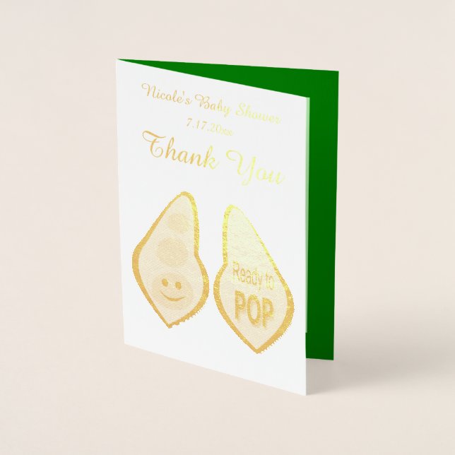 Ready to Pop Pregnant Green Pea Baby Shower Foil Card (Front)