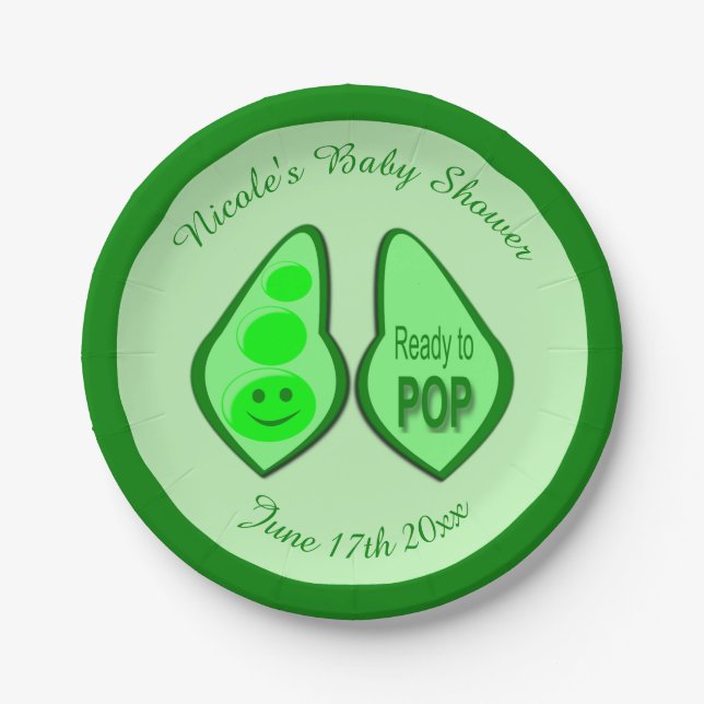 Ready to Pop Pregnant Green Pea Baby Shower Paper Plate (Front)