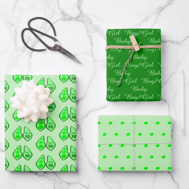 Ready to Pop Pregnant Green Pea Baby Shower Wrapping Paper Sheet (Front)