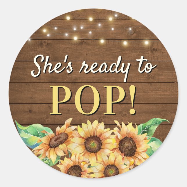 Ready to Pop Rustic Sunflower Baby Shower Sprinkle Classic Round Sticker (Front)