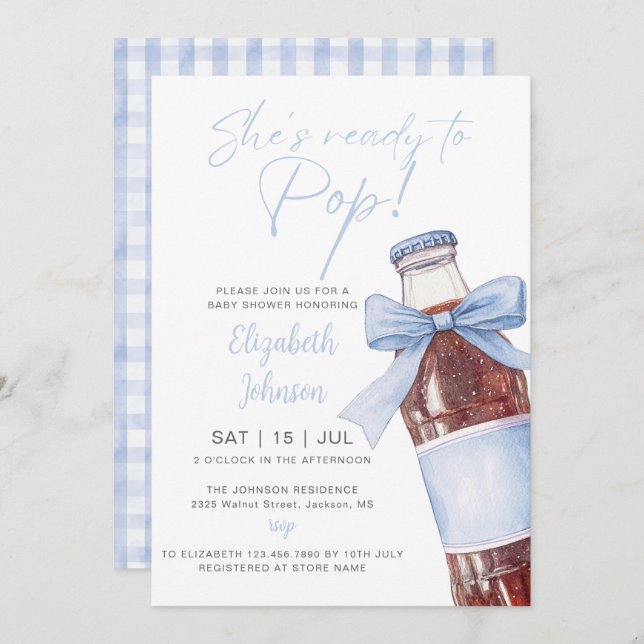 Ready To Pop Soda Bottle Blue Bow Baby Shower Invitation (Front/Back)