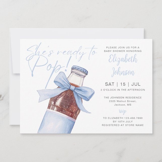 Ready To Pop Soda Bottle Blue Bow Baby Shower Invitation (Front)