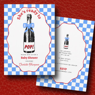 Ready to Pop Sparkling Wine Blue Retro Baby Shower Invitation