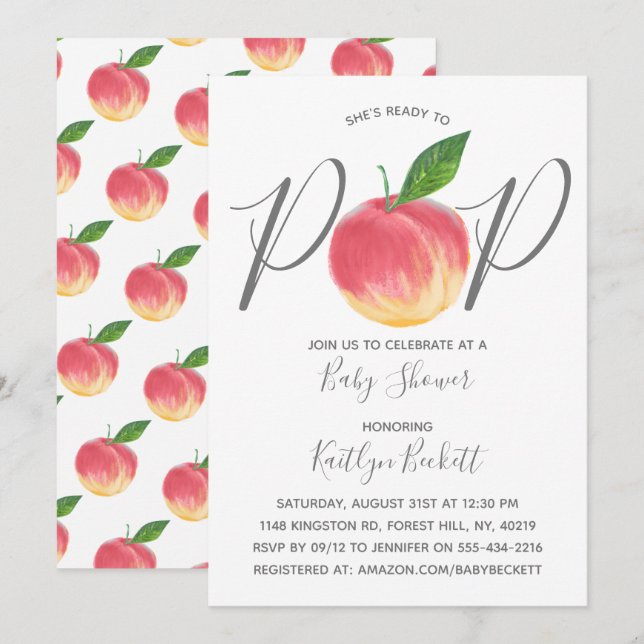 Ready To Pop Watercolor Peach Baby Shower Invitation (Front/Back)