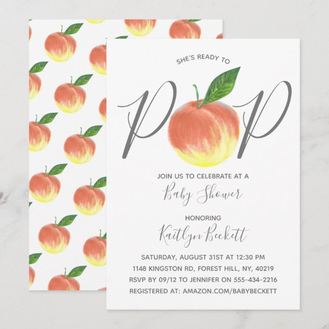 Ready To Pop Watercolor Peach Baby Shower Invitation (Front/Back)