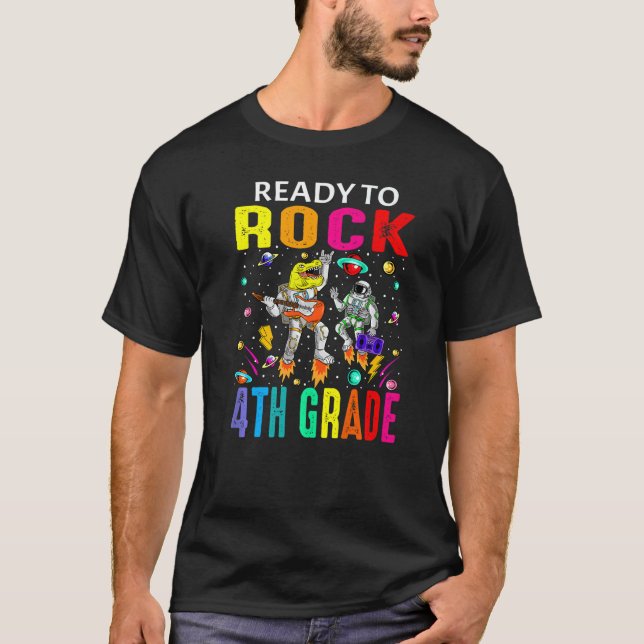 Ready To Rock 4th Grade Astronaut Dinosaur Back To T-Shirt (Front)