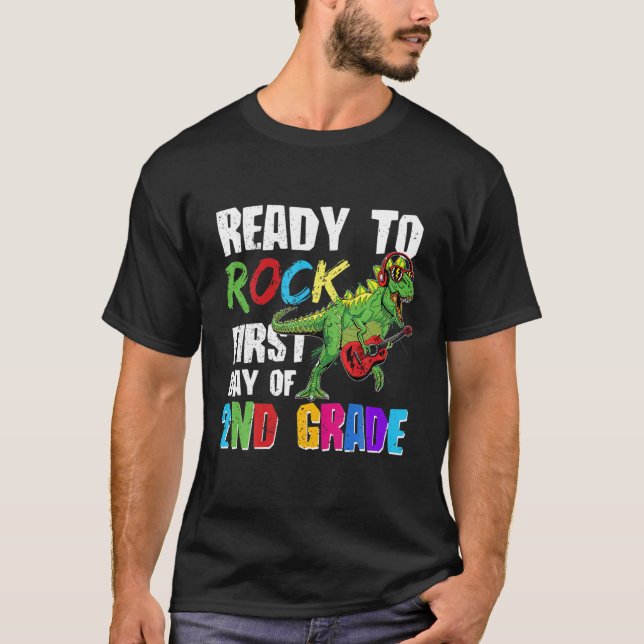 Ready To Rock First Day Of 2Nd Grade Dino Playing T-Shirt (Front)
