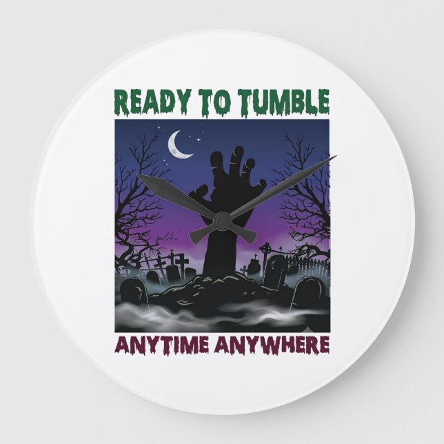 Ready Tumble Zombie Hand Halloween Graveyard Moon_ Large Clock (Front)