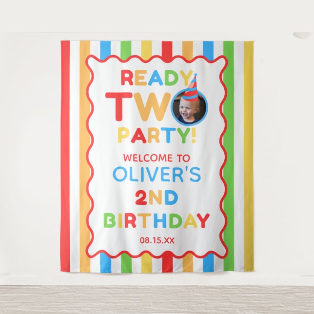 Ready Two Party 2nd Birthday Photo Backdrop Tapestry (Front)