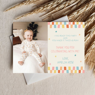 Ready Two Party Colourful Birthday with Photo Thank You Card