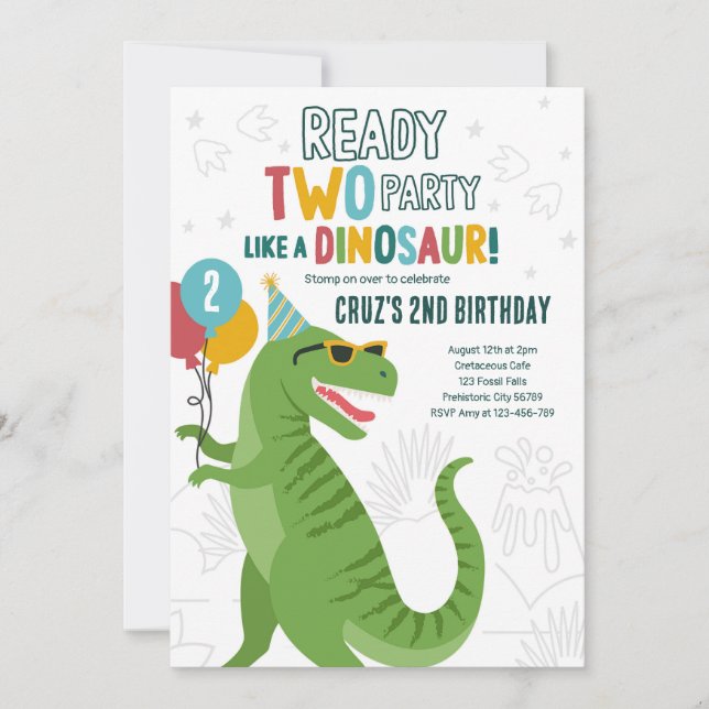 Ready Two Party Dinosaur T-Rex 2nd Birthday Party Invitation (Front)