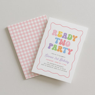 Ready Two Party Pink Gingham Girls 2nd Birthday Invitation