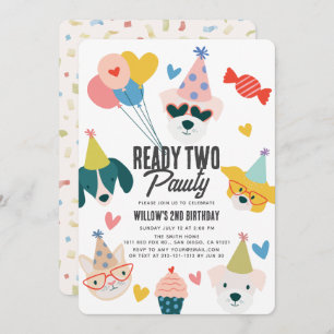 Ready Two Pawty Dogs & Cat Balloons 2nd Birthday Invitation