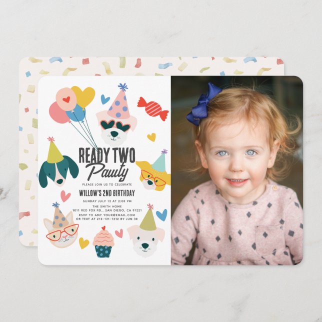 Ready Two Pawty Dogs & Cat Photo 2nd Birthday Invitation (Front/Back)