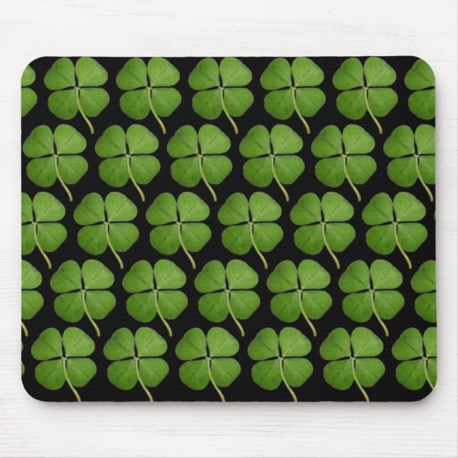 Real 4 Leaf Clover Shamrocks Black Mouse Mat (Front)