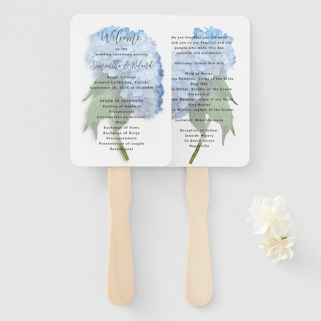 Real Blue Hydrangea Flowers Wedding Program Hand Fan (Front and Back)