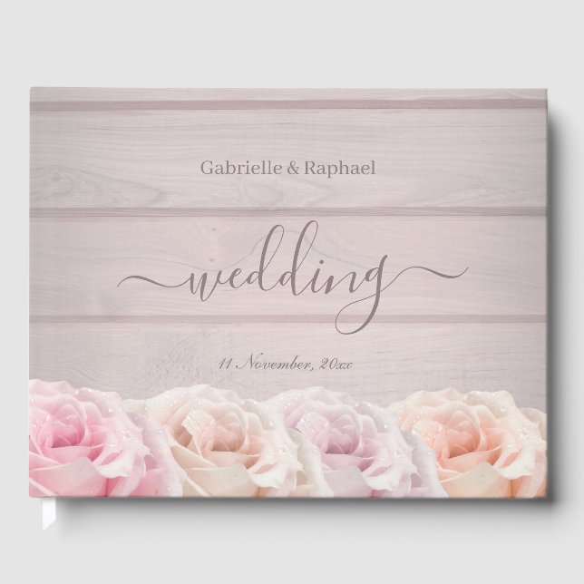Real Blush Pink Roses Rustic Chic Floral Wedding Guest Book (Front)