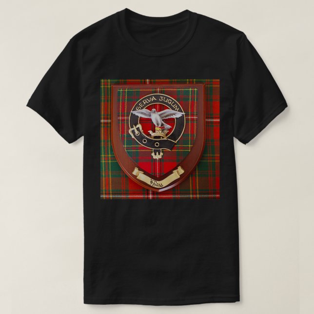 Real Clan Hay Crest on Kilt Ancient Hay Tartan T-Shirt (Design Front)
