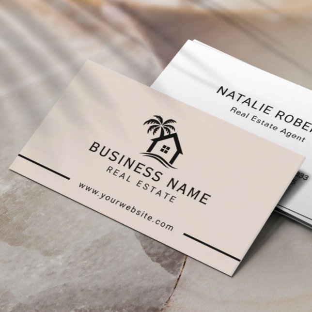 Real Estate Agent Beach House Logo Blush Pink Business Card (Creator Uploaded)