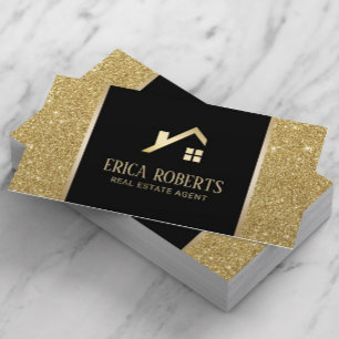 Real Estate Agent Black & Gold Glitter Custom Logo Business Card