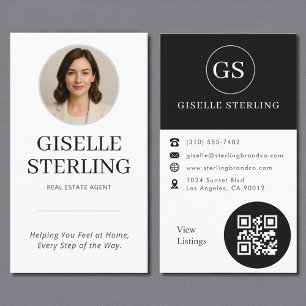 Real Estate Agent Black & White Photo QR Code Business Card