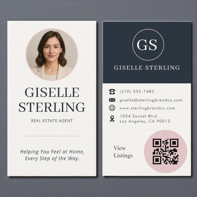 Real Estate Agent Blush & Navy Photo QR Code  Business Card (Creator Uploaded)