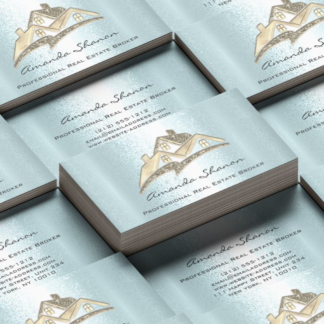Real Estate Agent Broker Gold House Blue Business Card (Real Estate Agent Broker Gold House Blue Business Card)