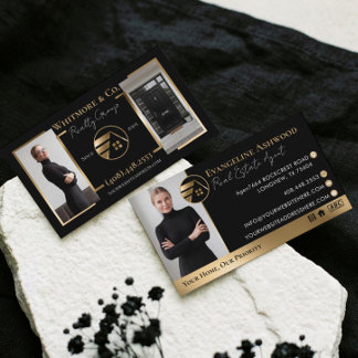 Real Estate Agent Broker Luxury Black Gold Photo Business Card
