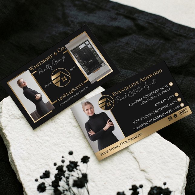 Real Estate Agent Broker Luxury Black Gold Photo Business Card (Real Estate Agent Broker Luxury Black Gold Photo Business Card)